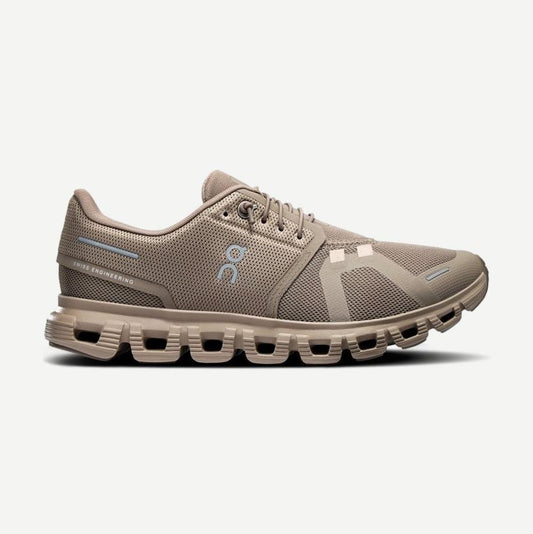 Women’s On Cloud 6 running shoes in Cinder and Fog colorway, featuring lightweight footwear design and cushioned soles.