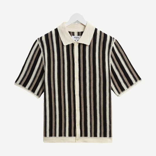 Wax London Porto SS Polo shirt with ecru and black stripe crochet knit, casual short-sleeve men's shirt.