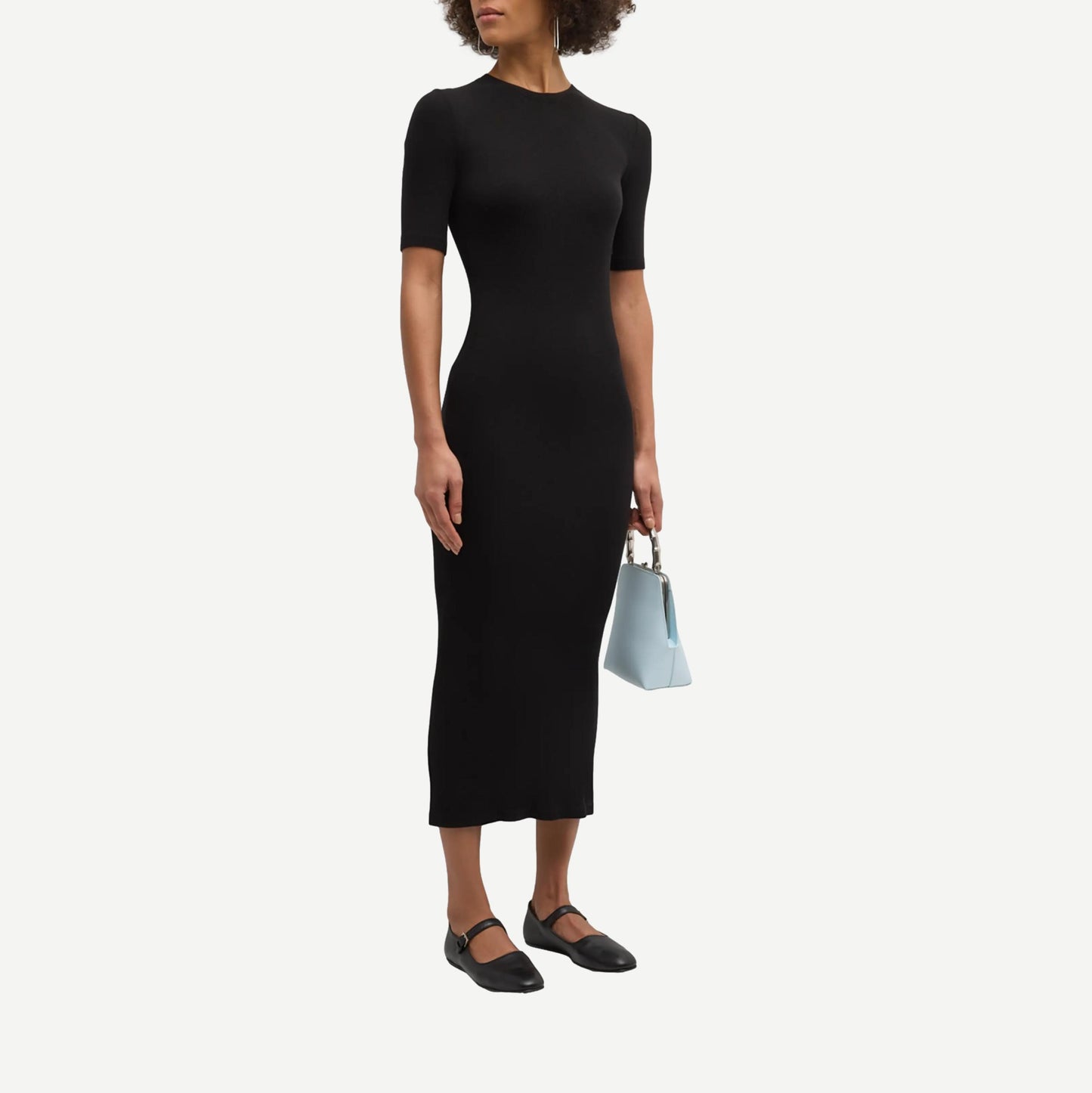 Silk Rib Half Sleeve Midi Dress - Black - Galvanic.co