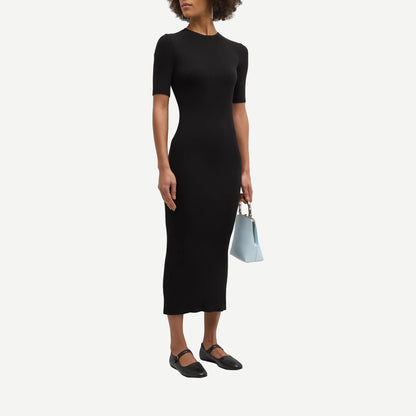Silk Rib Half Sleeve Midi Dress - Black - Galvanic.co