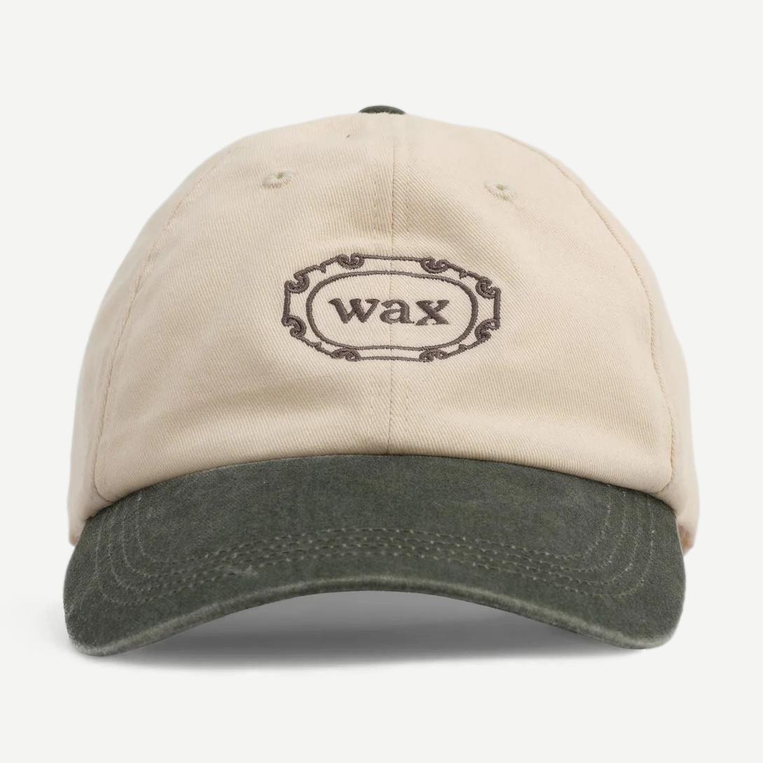 Wax London Sports Cap Multi in ecru and khaki, cotton hat with a curved brim and adjustable strap.