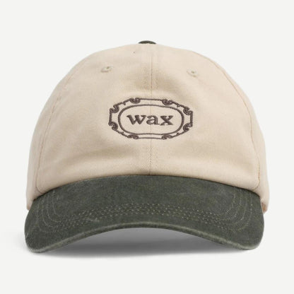 Wax London Sports Cap Multi in ecru and khaki, cotton hat with a curved brim and adjustable strap.