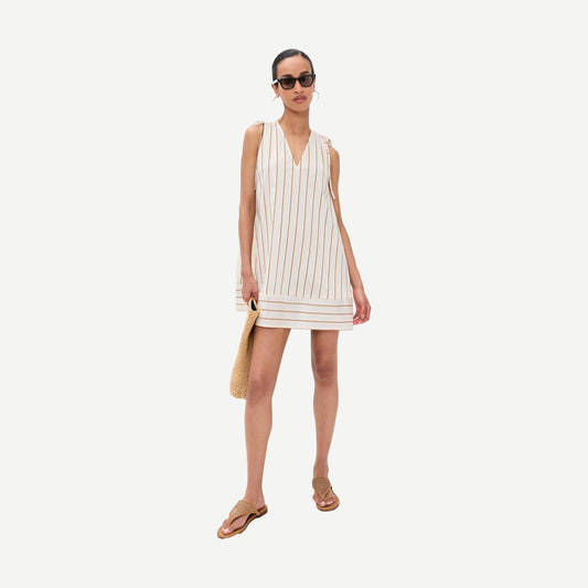 Staud Elena Dress in Solana Stripe featuring a stylish, sleeveless design with vibrant striped pattern and lightweight fabric.