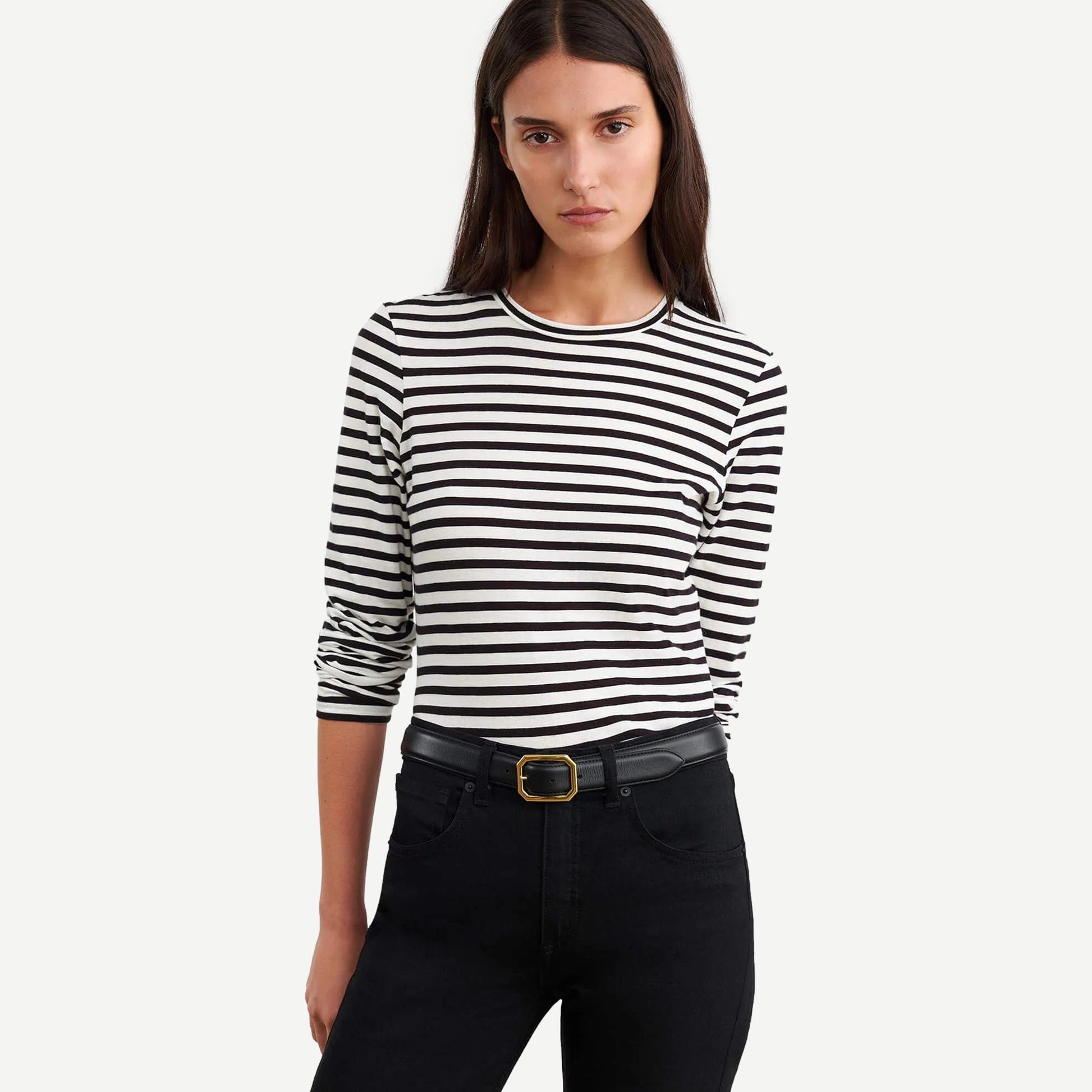 Nili Lotan Susana long sleeve T-shirt in black and ivory stripe, casual women's top with soft fabric and stylish design.