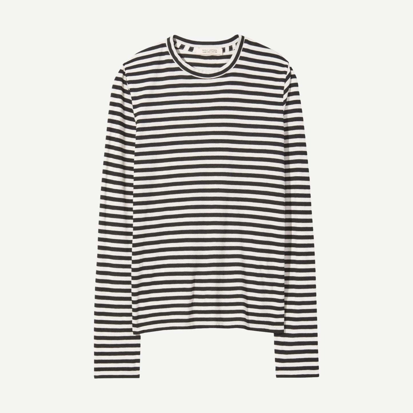 Nili Lotan Susana long sleeve tee in black and ivory stripe, stylish casual T-shirt with soft fabric and classic fit.