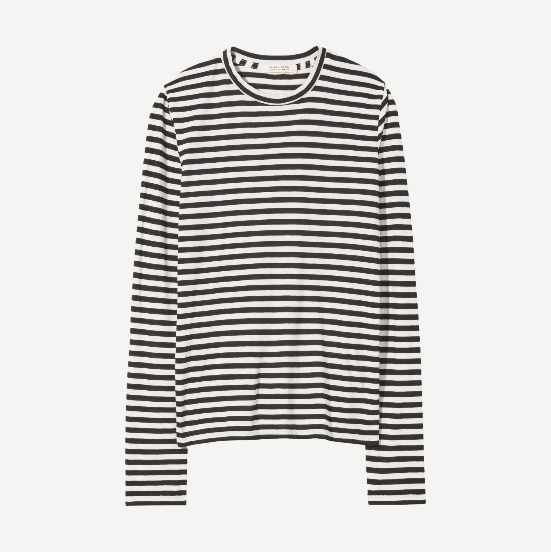 Nili Lotan Susana long sleeve tee in black and ivory stripe, stylish casual T-shirt with soft fabric and classic fit.