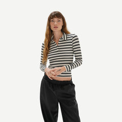 Sylvie Collared Ribbed Long Sleeve - Black Multi Stripe - Galvanic.co