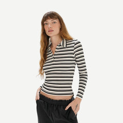 Sylvie Collared Ribbed Long Sleeve - Black Multi Stripe - Galvanic.co