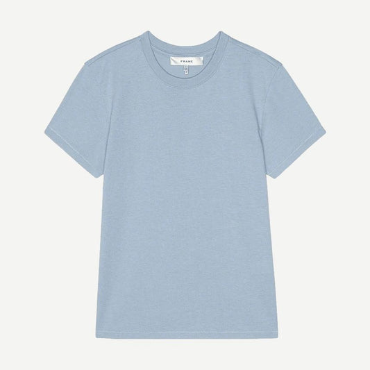 Powder blue vintage baby tee by Frame Denim featuring a relaxed fit, soft cotton fabric, and classic crew neckline.