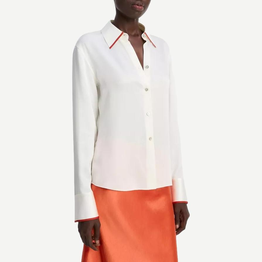 Tipped Slim LS Blouse - White/Brick Rose - Galvanic.co