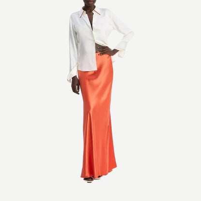 Tipped Slim LS Blouse - White/Brick Rose - Galvanic.co