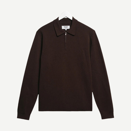 Maley L/S Zip Polo Milano Knit - Dark Brown