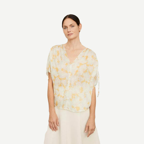 Lotus Ruched Flutter Sleeve Blouse - Warm Sand - Galvanic.co