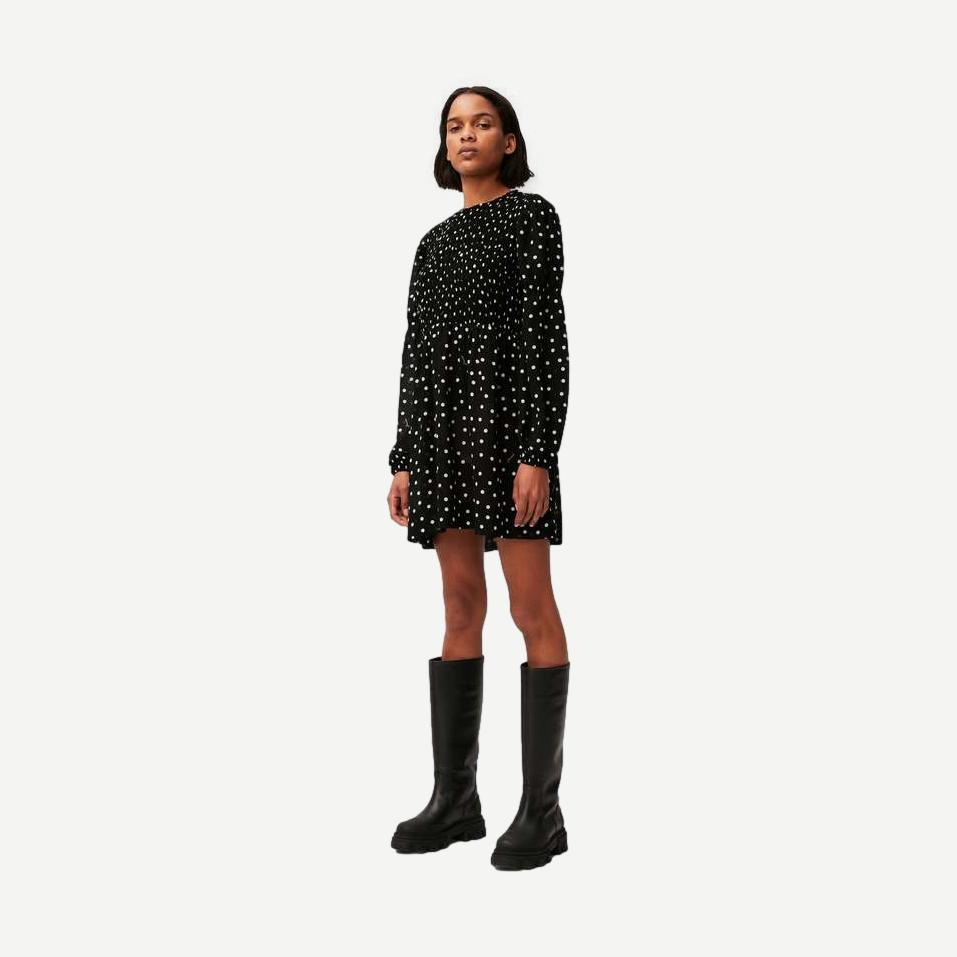 Printed Light Crepe Smock Mini Dress - Small Polka Dot Black